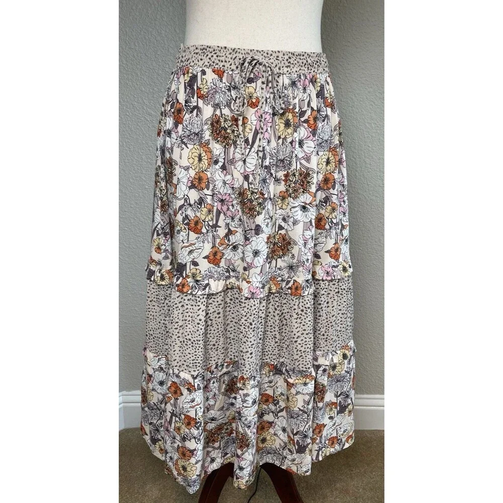 Umgee NEW! tiered floral drawstring elastic waist midi skirt lightweight size M
